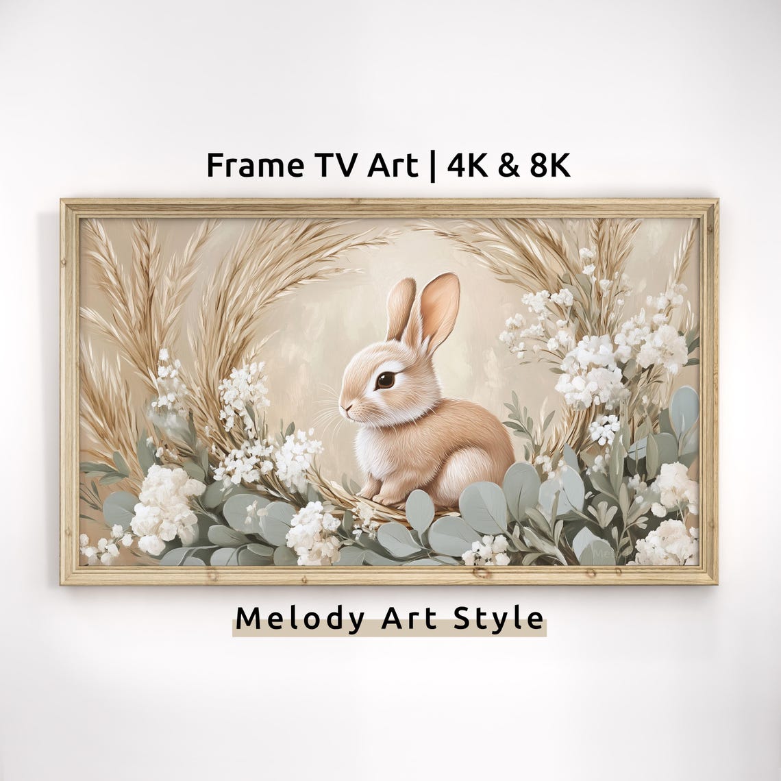 Bunny Among Wheat And White Blossoms Neutral Spring Art Poster