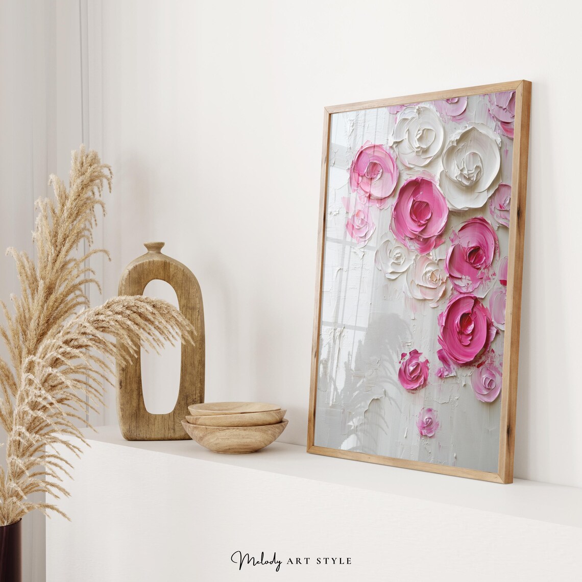 Pink White Roses Textured Impasto Oil Painting Romantic Floral Poster - Image 2