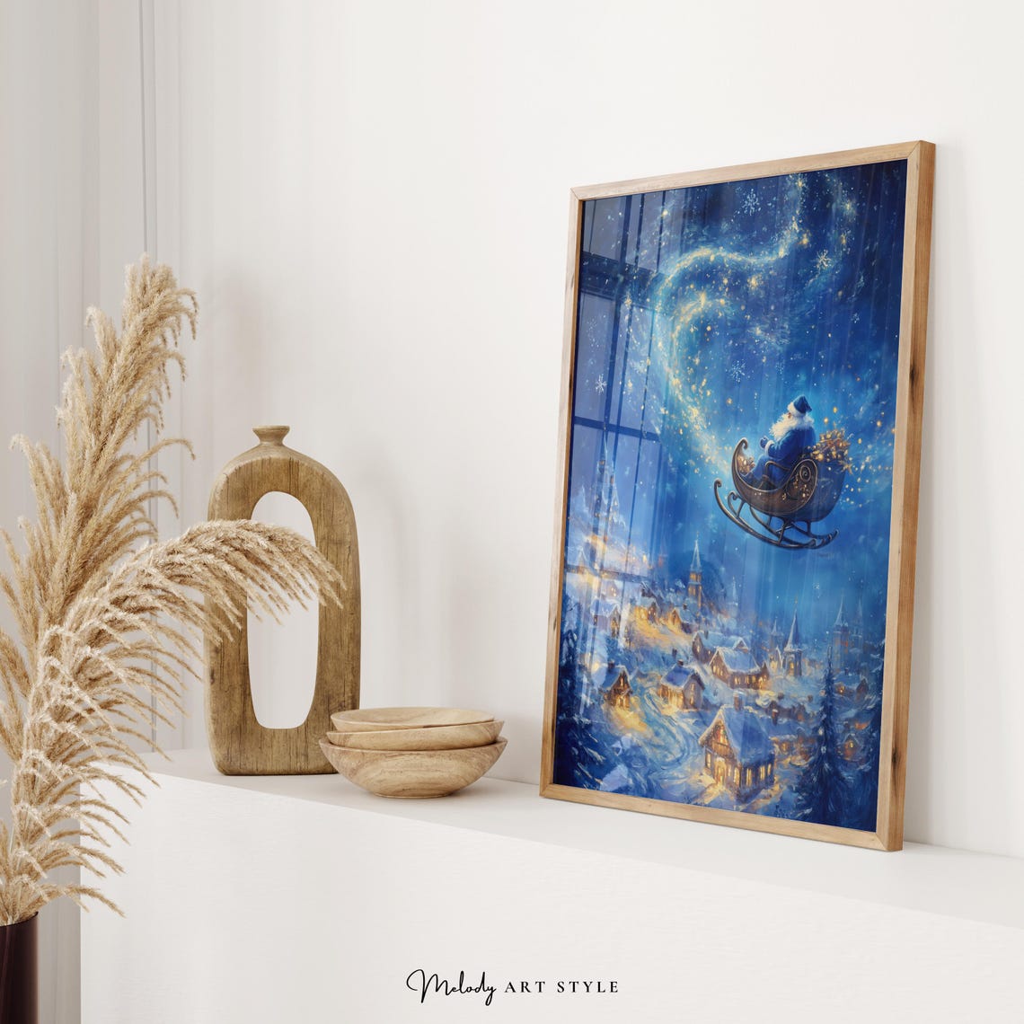 Blue Santa Sleigh Flying Over Snowy Village Starry Night Poster - Image 2