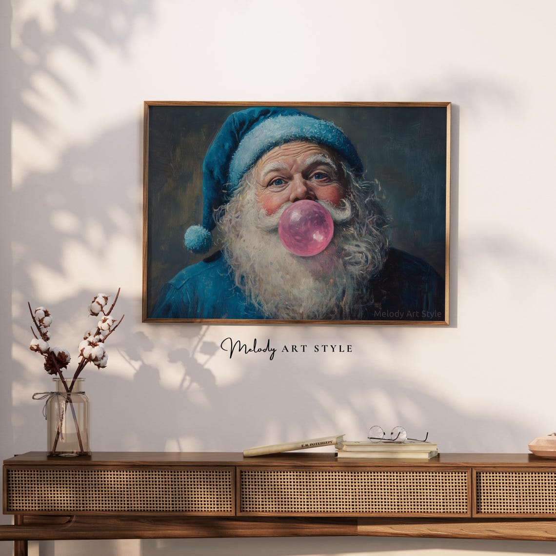 Blue Santa Claus Wall Art Santa Claus Bubble Gum Art Christmas Oil Painting Winter Holiday Print Novy God P299 - Image 2
