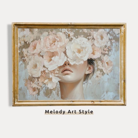 Floral Woman Portrait Wall Art Boho Face Painting Soft Pink White Feminine Botanical Neutral Decor P475