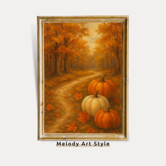 Pumpkin Fall Wall Art Autumn Forest Path Print Rustic Thanksgiving Decor Orange Leaves Poster Cozy Home P726