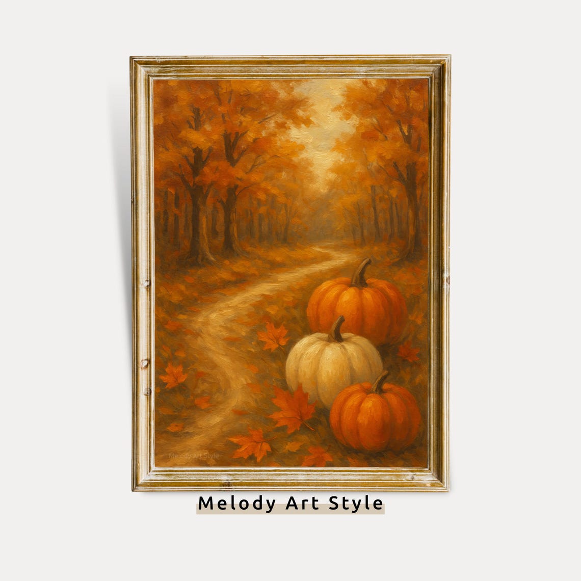 Autumn Forest Path with Three Pumpkins Cozy Fall Painting Poster