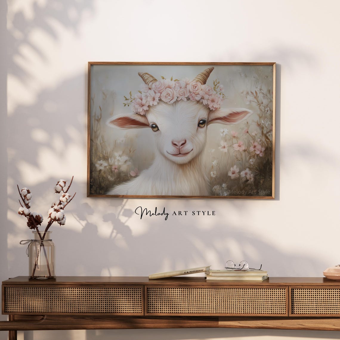 White Goat With Pink Rose Floral Crown Soft Cottagecore Wall Art - Image 2