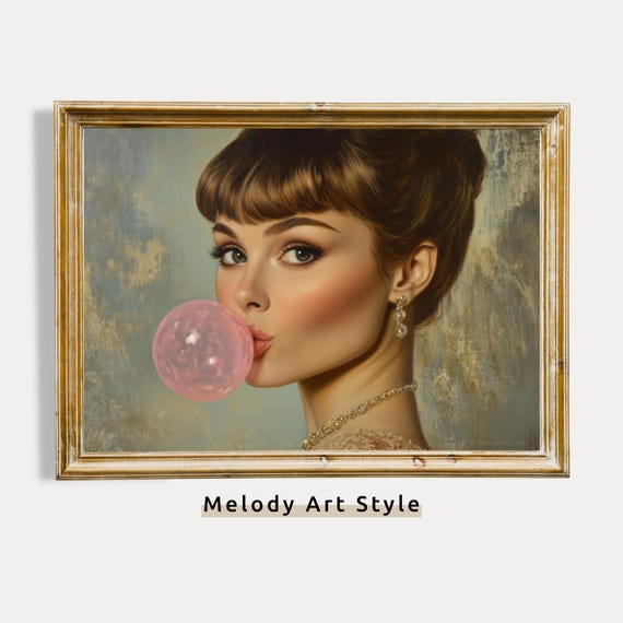 Retro Lady Blowing Bubble Gum Portrait Poster