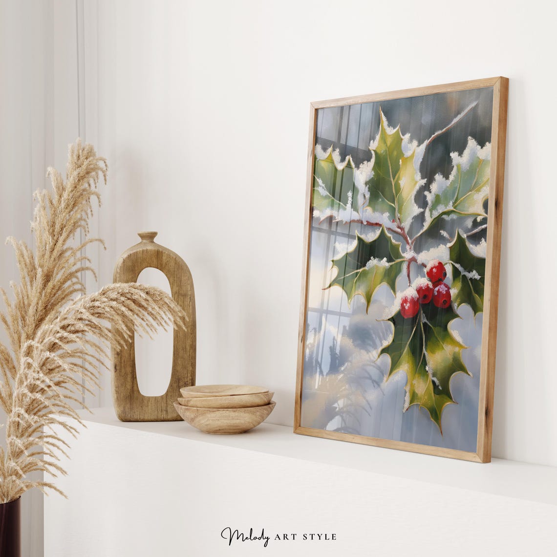 Snowy Holly Branch With Red Berries Winter Botanical Holiday Poster - Image 2