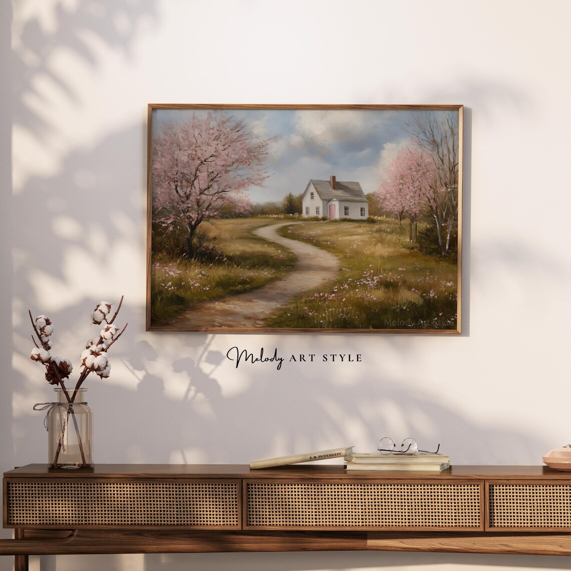 Cherry Blossom Cottage With Winding Path Spring Farmhouse Art Poster - Image 2