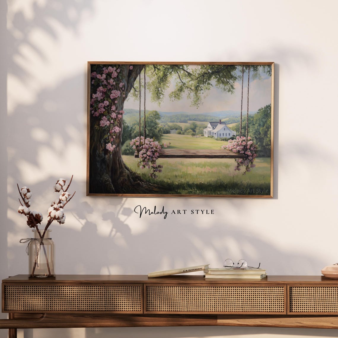 Tree Swing With Pink Roses Overlooking Farmhouse Countryside Poster - Image 2