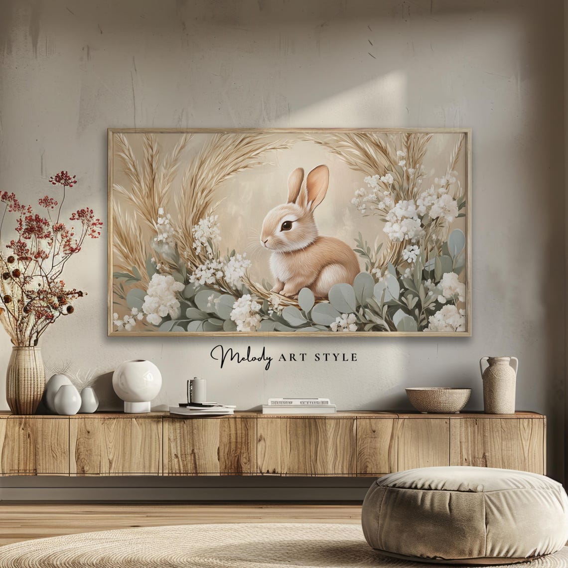Bunny Among Wheat And White Blossoms Neutral Spring Art Poster - Image 2