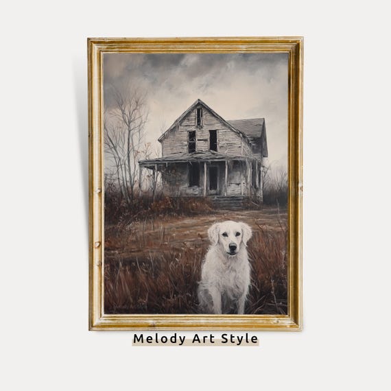 Haunted House And White Dog Wall Art Creepy Abandoned Farmhouse For Halloween Decor Rustic Scary Ghostly P668