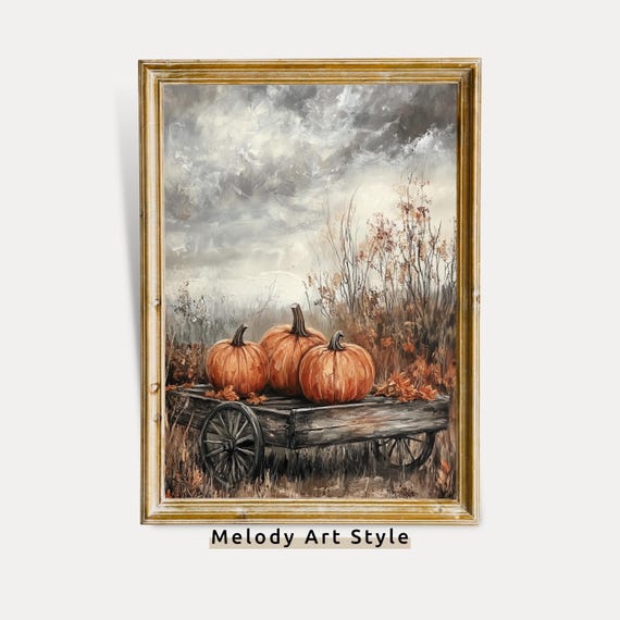 Pumpkin Cart Wall Art Rustic Fall Harvest Decor Autumn Farmhouse Thanksgiving Artwork Country Cottage Print P652