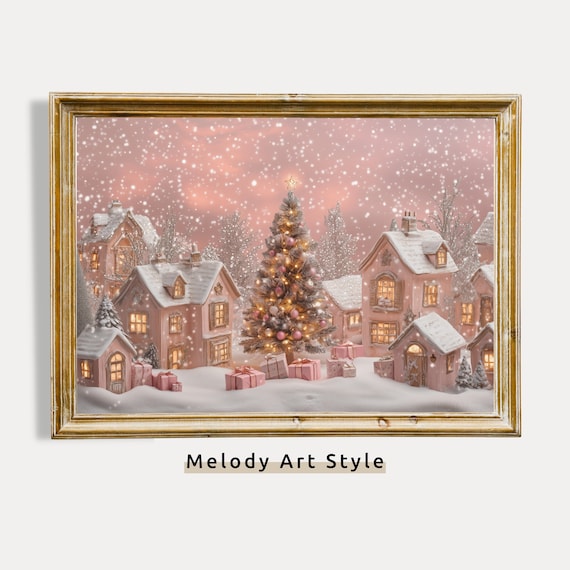 Pink Snowy Christmas Village Art Print, Holiday Wonderland