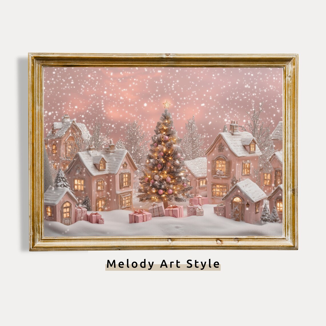 Pink Snowy Christmas Village Art Print, Holiday Wonderland