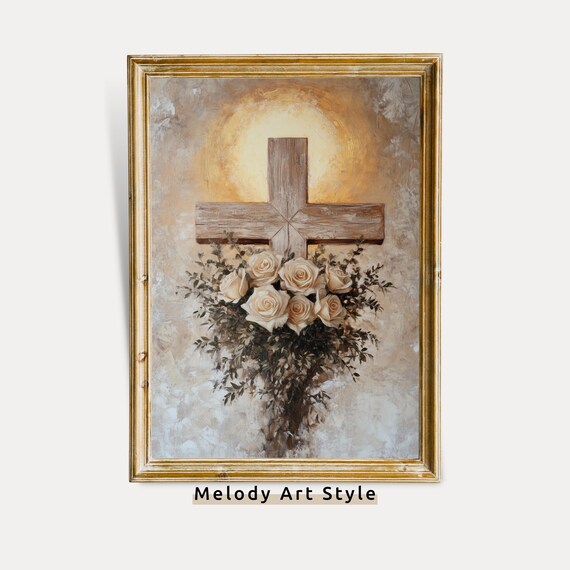 Rustic Wooden Cross With Cream Roses Glowing Faith Religious Poster