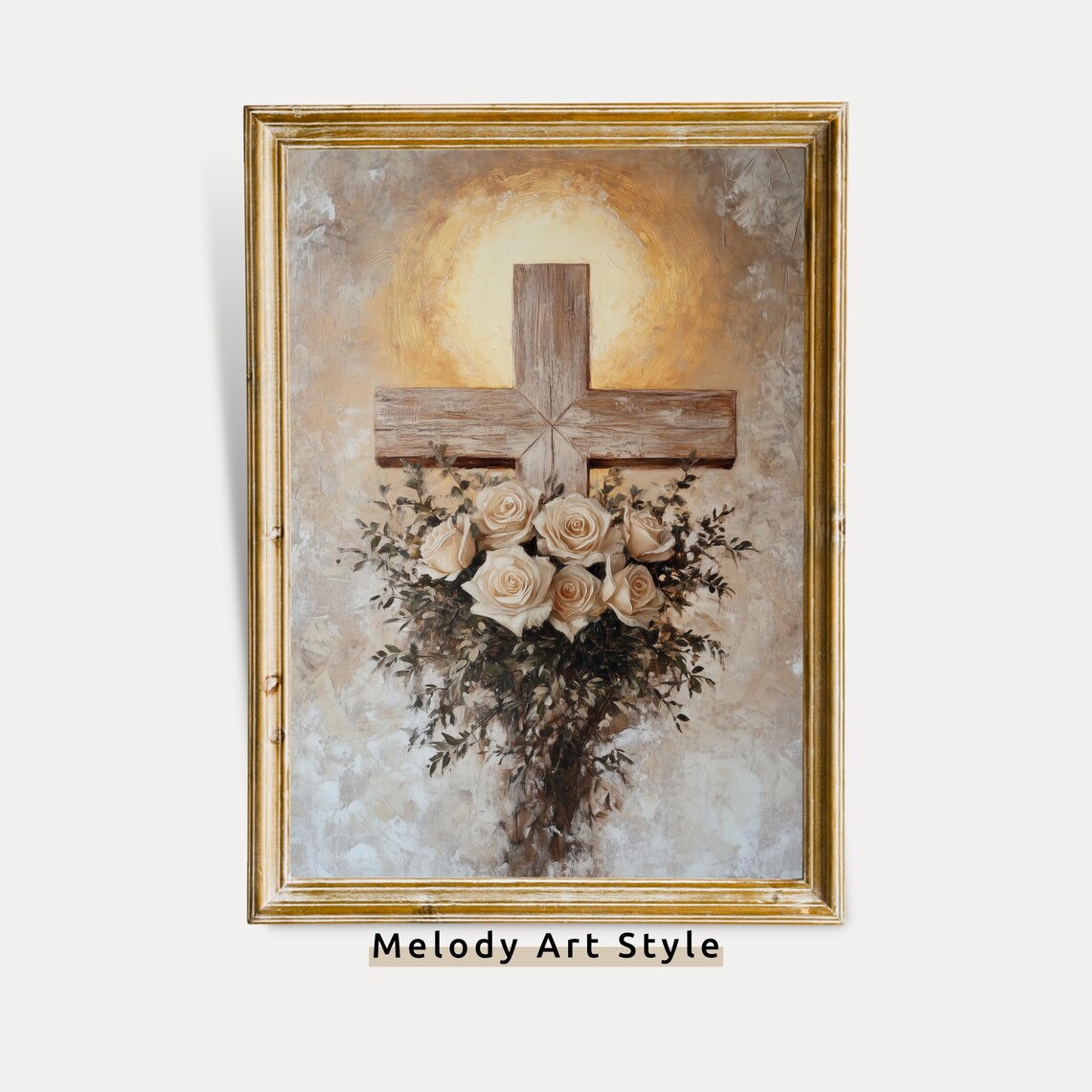 Rustic Wooden Cross With Cream Roses Glowing Faith Religious Poster