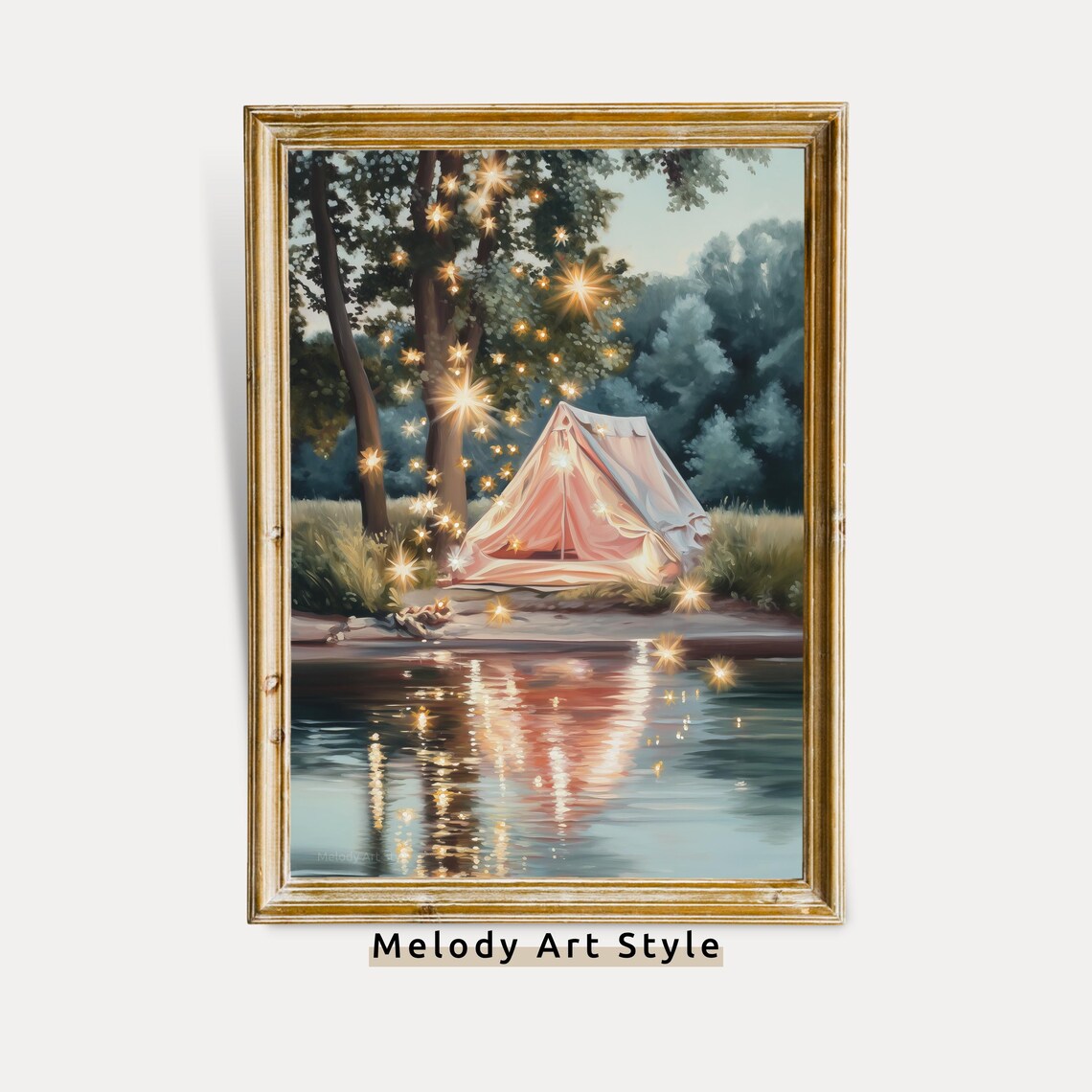 Pink Tent Lakeside Fireflies Summer Camping Night Painting Poster