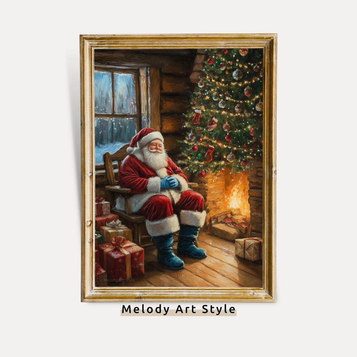 Santa Claus Resting By Warm Fireplace Log Cabin Christmas Poster