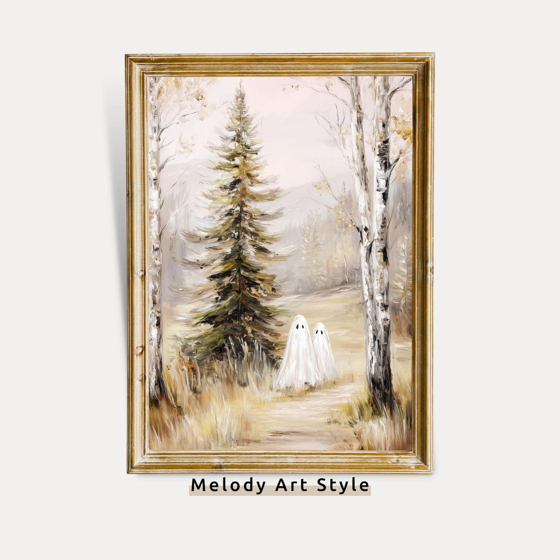 Cute Ghosts In Birch Forest Wall Art Halloween Print Soft Neutral Fall Pathway Painting Instant P629