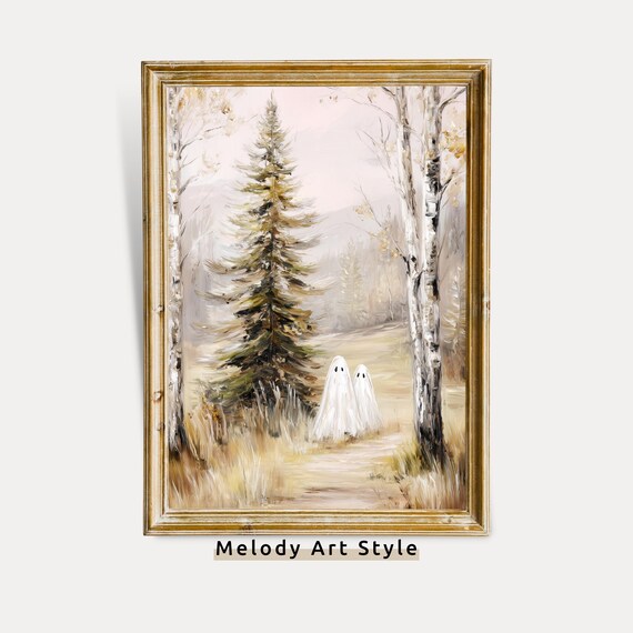 Cute Ghosts In Birch Forest Wall Art Halloween Print Soft Neutral Fall Pathway Painting Instant P629