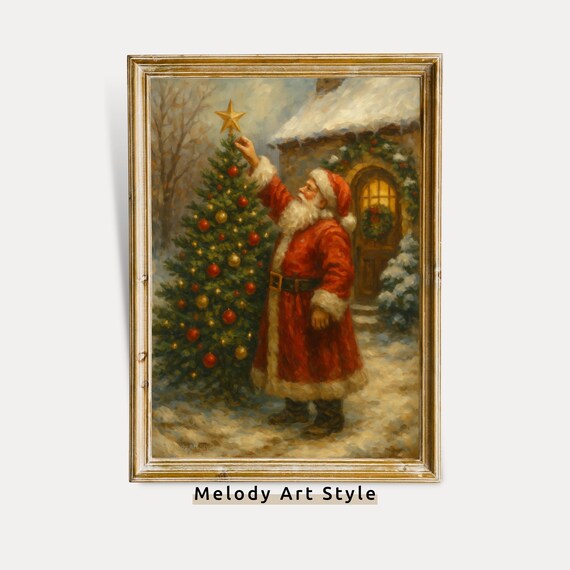 Santa Placing Star On Outdoor Christmas Tree By Snowy Cottage Vintage Poster