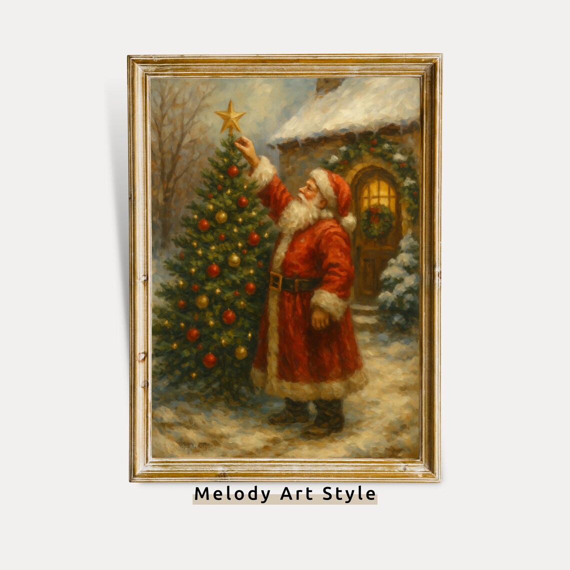 Santa Placing Star On Outdoor Christmas Tree By Snowy Cottage Vintage Poster