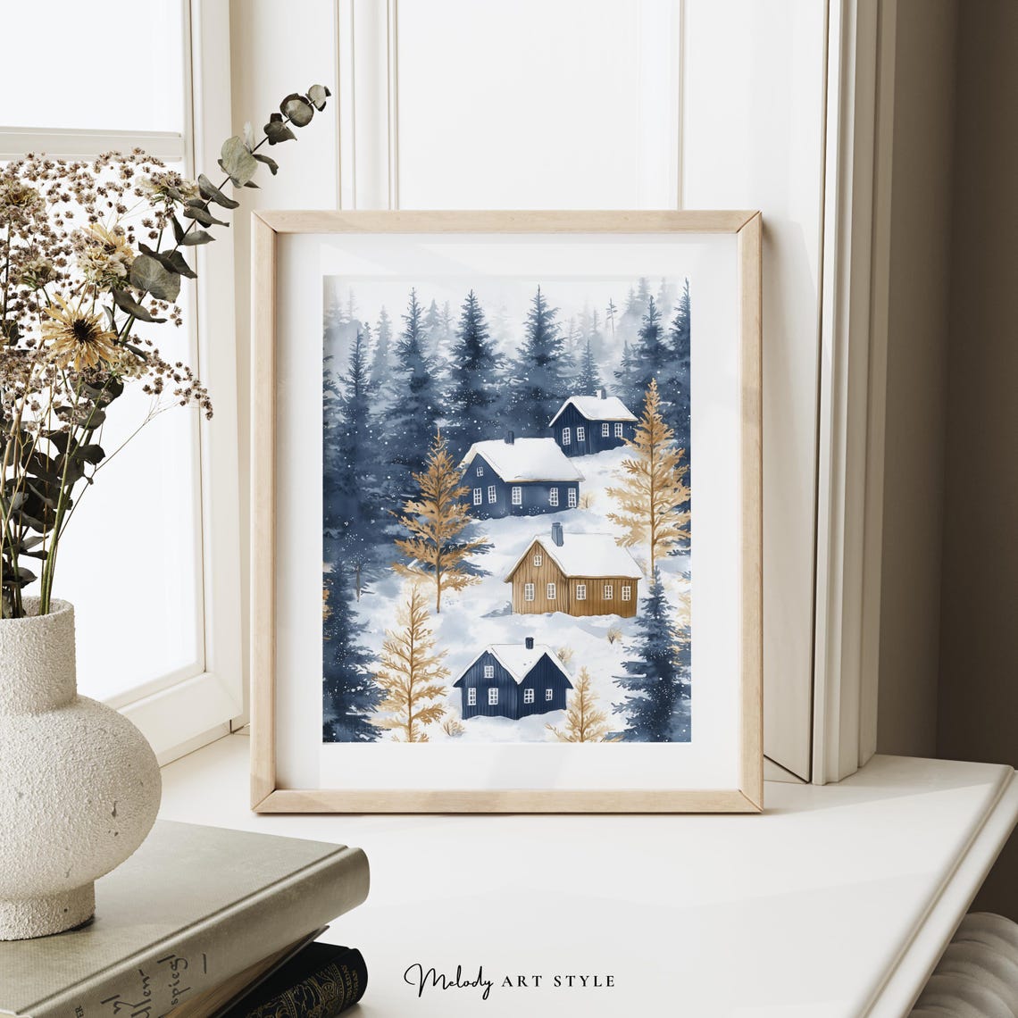 Blue And Gold Winter Cabins Snowy Pine Forest Christmas Poster - Image 2