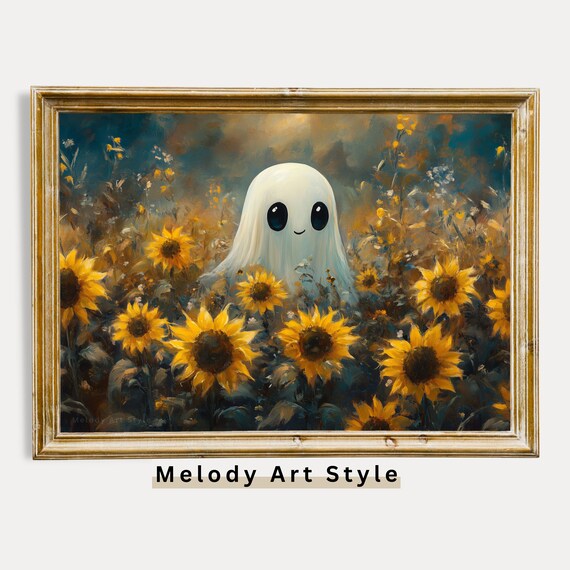 Cute Ghost In Golden Sunflower Field Moody Fall Halloween Art Poster