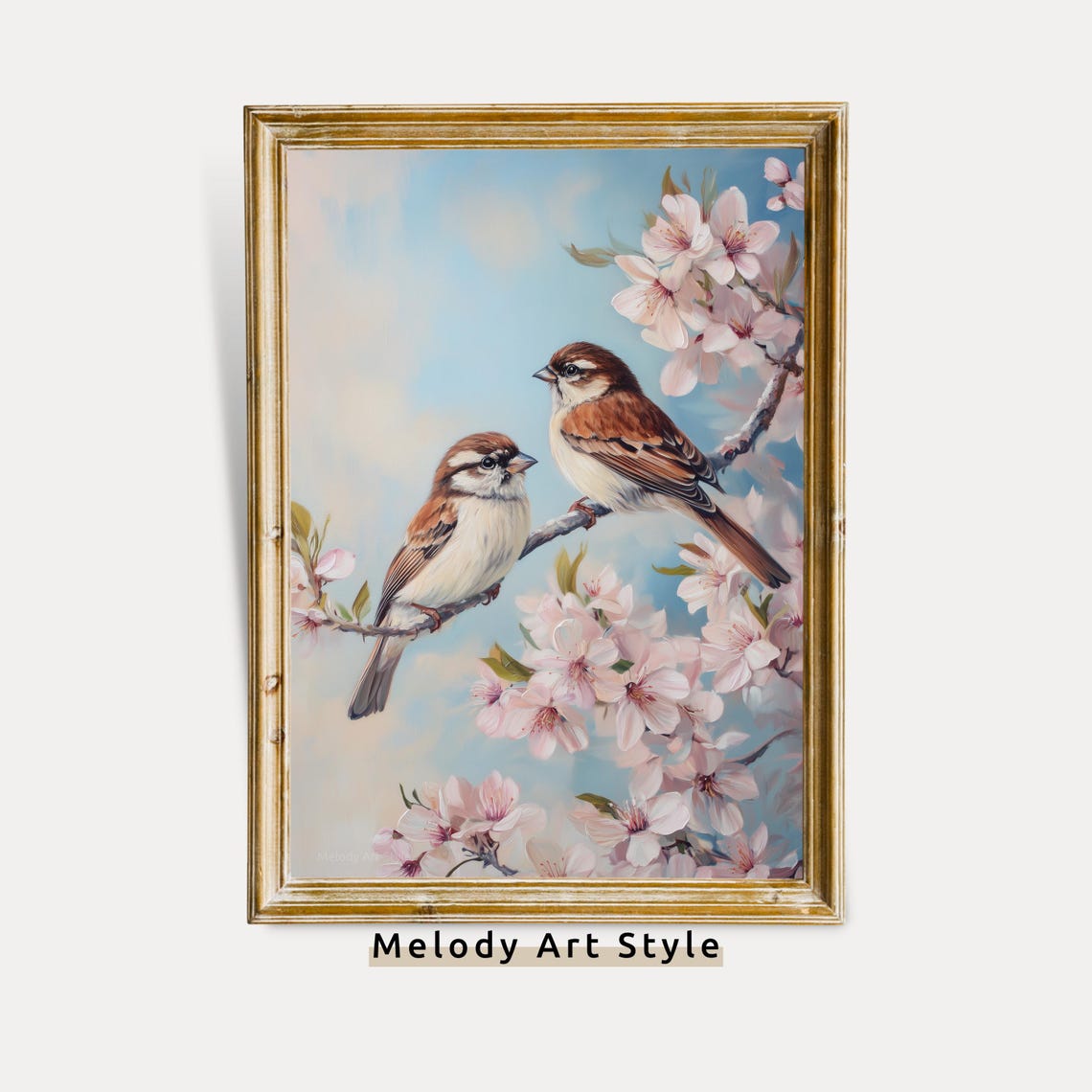 Two Sparrows Perched On Cherry Blossom Branch Spring Bird Art Poster