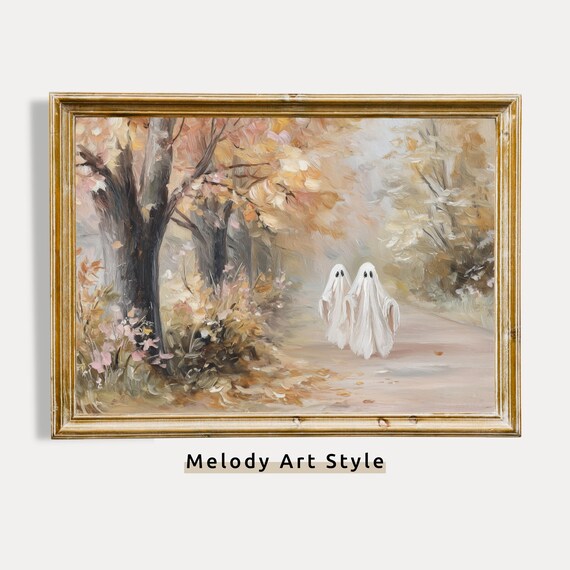 Cute Couple In Fall Forest Art Spooky Halloween Wall Decor Neutral Autumn Path Painting Farmhouse Instant P612