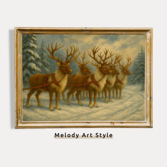 Four Reindeer Team In Snowy Forest Vintage Christmas Landscape Painting Poster