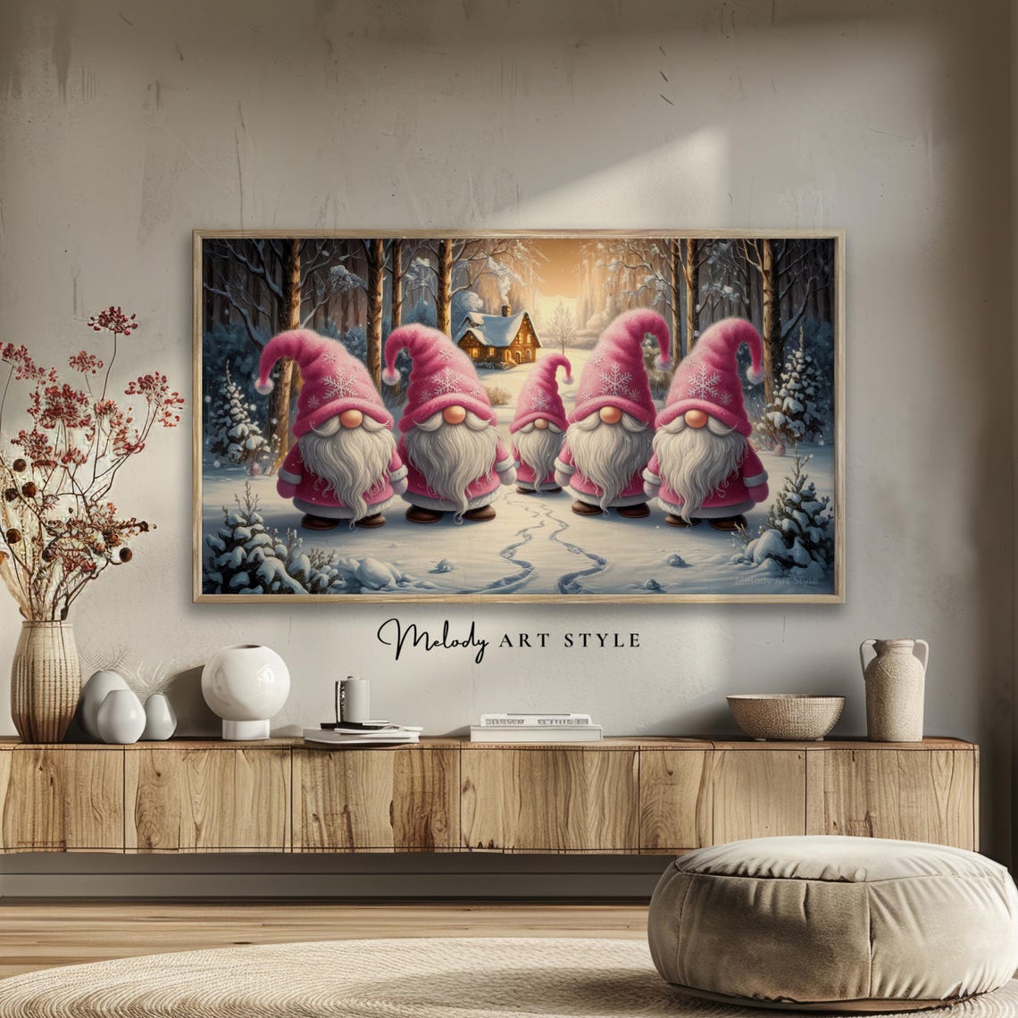 Pink Christmas Gnomes Snowy Forest Cabin Frame TV Art Poster - Image 2