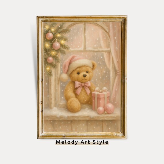 Christmas Bear Wall Art Cute Teddy Holiday Decor Winter Nursery Print Gift For Kids Room P691