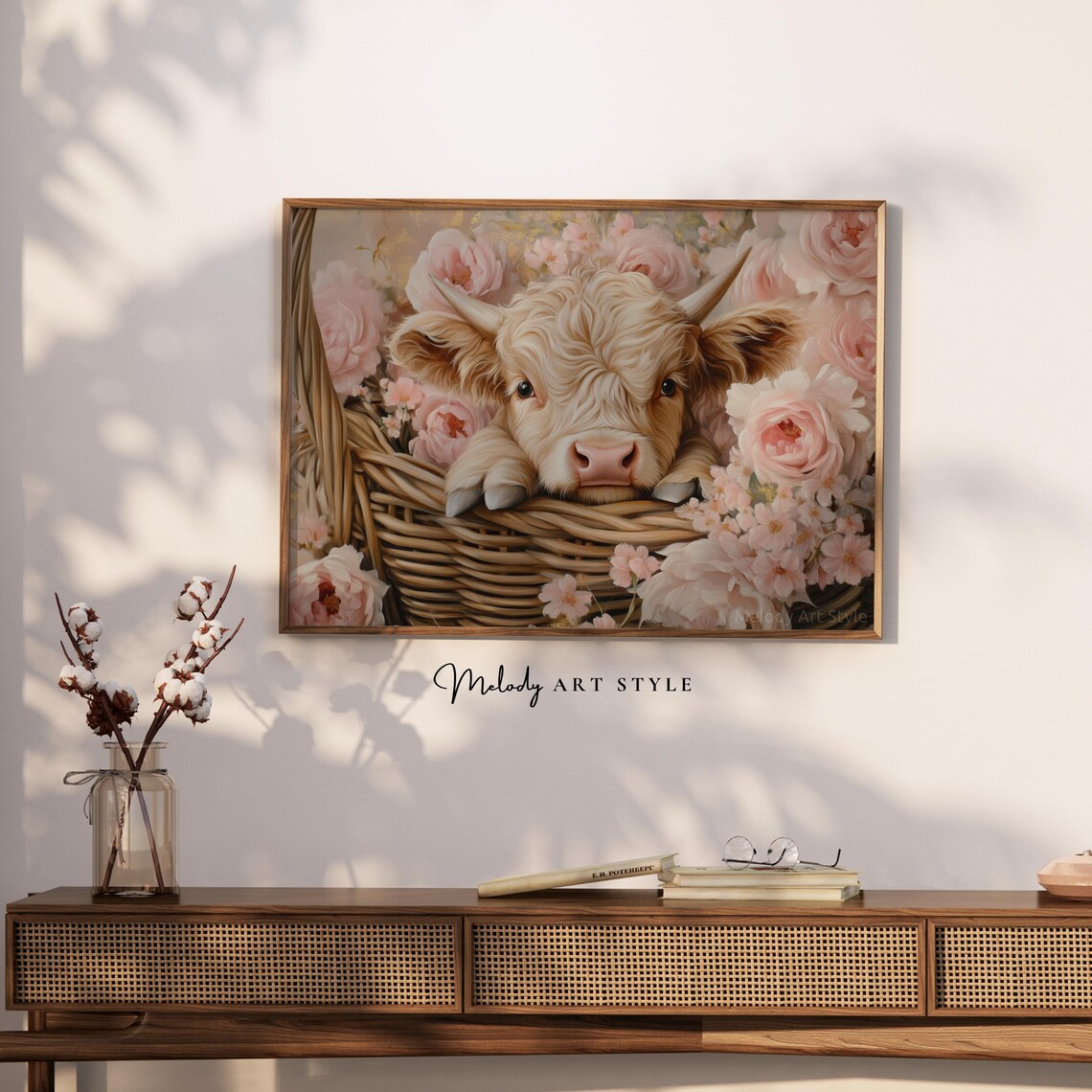 Baby Highland Cow In Flower Basket Pink Peonies Farmhouse Wall Art - Image 2