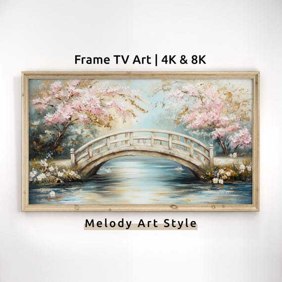 Spring Cherry Blossom Frame Tv Art 4k 8k Wooden Bridge Painting Pastel Landscape Art Frame Tv Cottagecore Screensaver F209