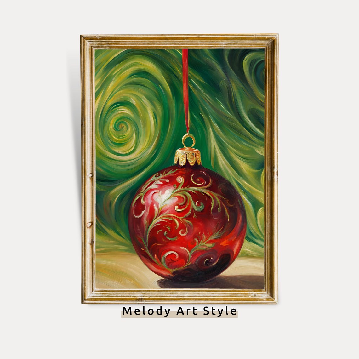 Red Christmas Bauble Gold Filigree Swirl Festive Ornament Poster