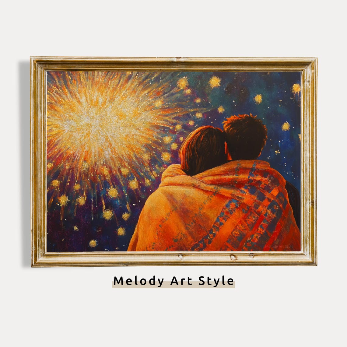 Couple Under Blanket Watching Golden Fireworks Romantic Night Poster