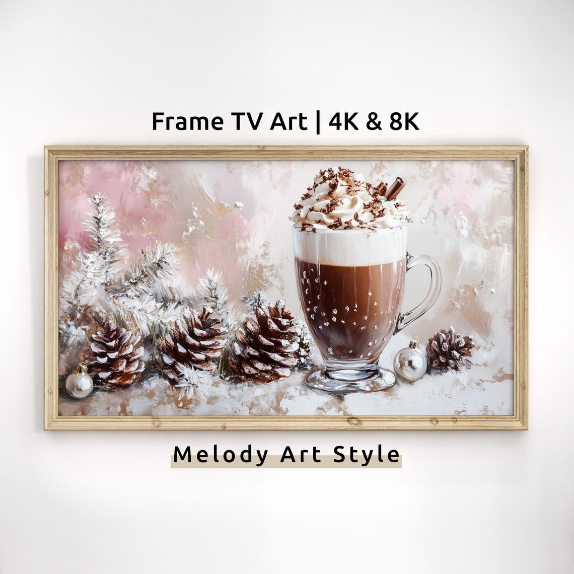 Pink Winter Hot Chocolate Frame TV Art Cocoa With Pinecones Poster