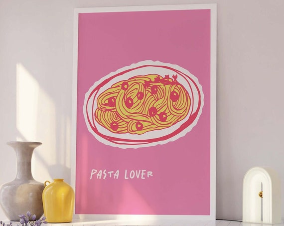 Pasta Lover Print Art Pink Kitchen Decor Cute Pasta Art Print Trendy Wall Art