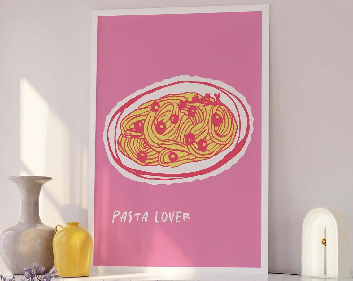Pasta Lover Print Art Pink Kitchen Decor Cute Pasta Art Print Trendy Wall Art