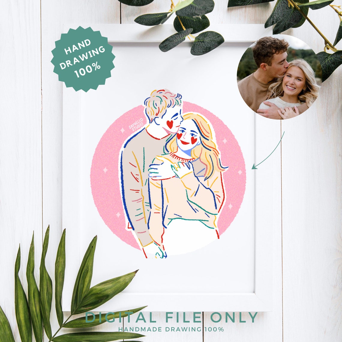 Custom Portrait Cute Couple Gift Wedding Portrait Personalized Handdrawn Art Colorful Line Draw From Photo - Image 5