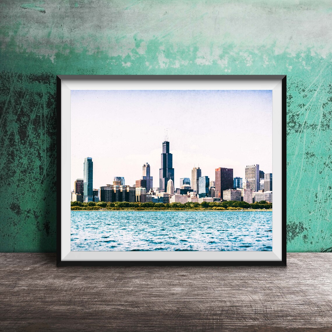 Chicago Skyline Across Lake Michigan Daytime Blue Water Poster