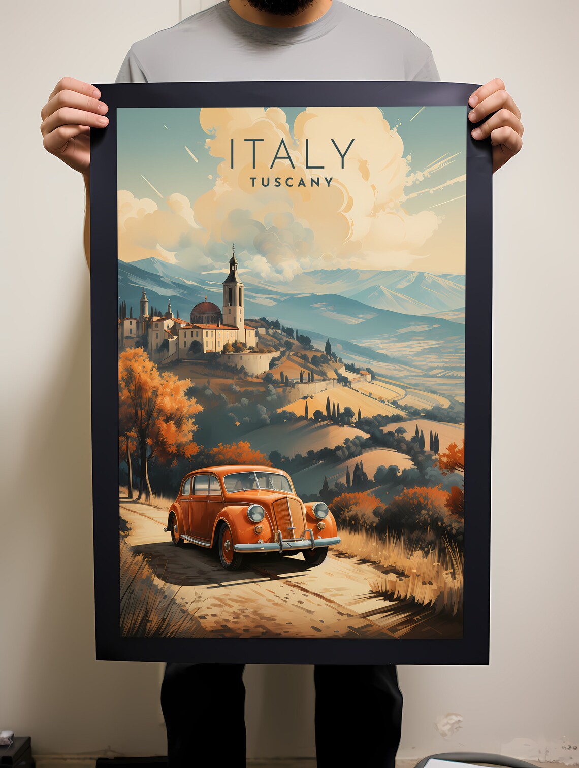 Tuscany Vintage Car Countryside Hill Town Italy Travel Poster