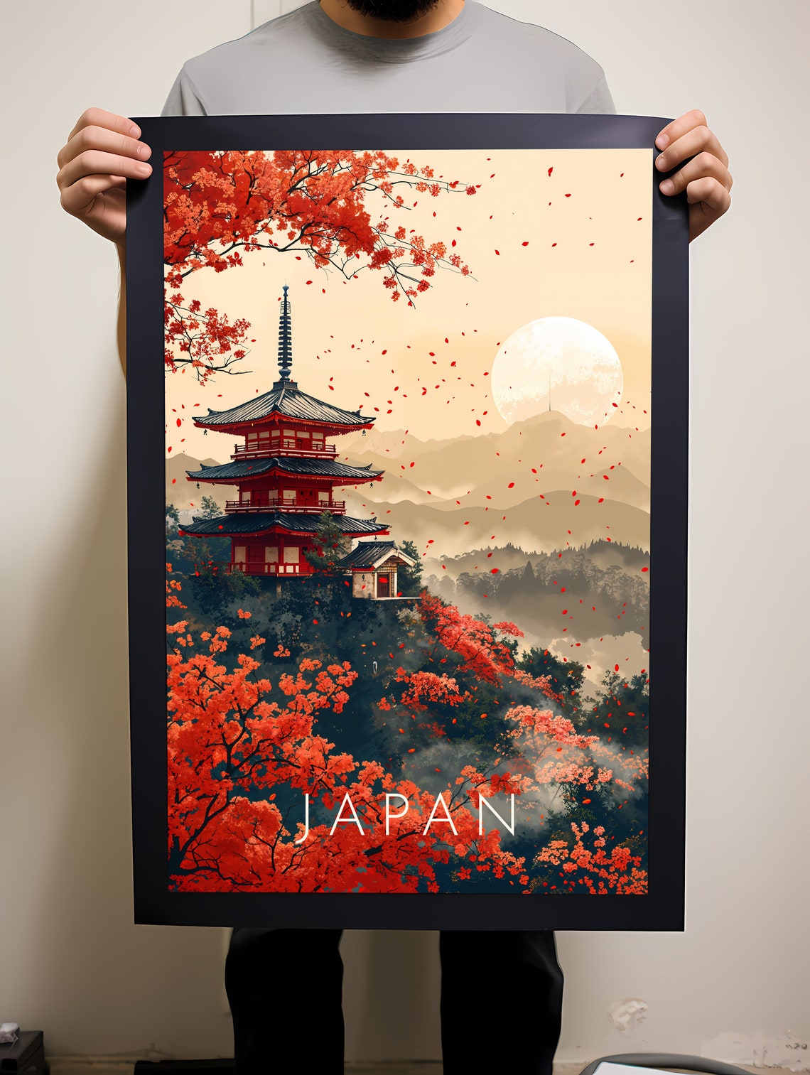 Japan Red Pagoda Temple Autumn Maple Mountain Moonlight Poster