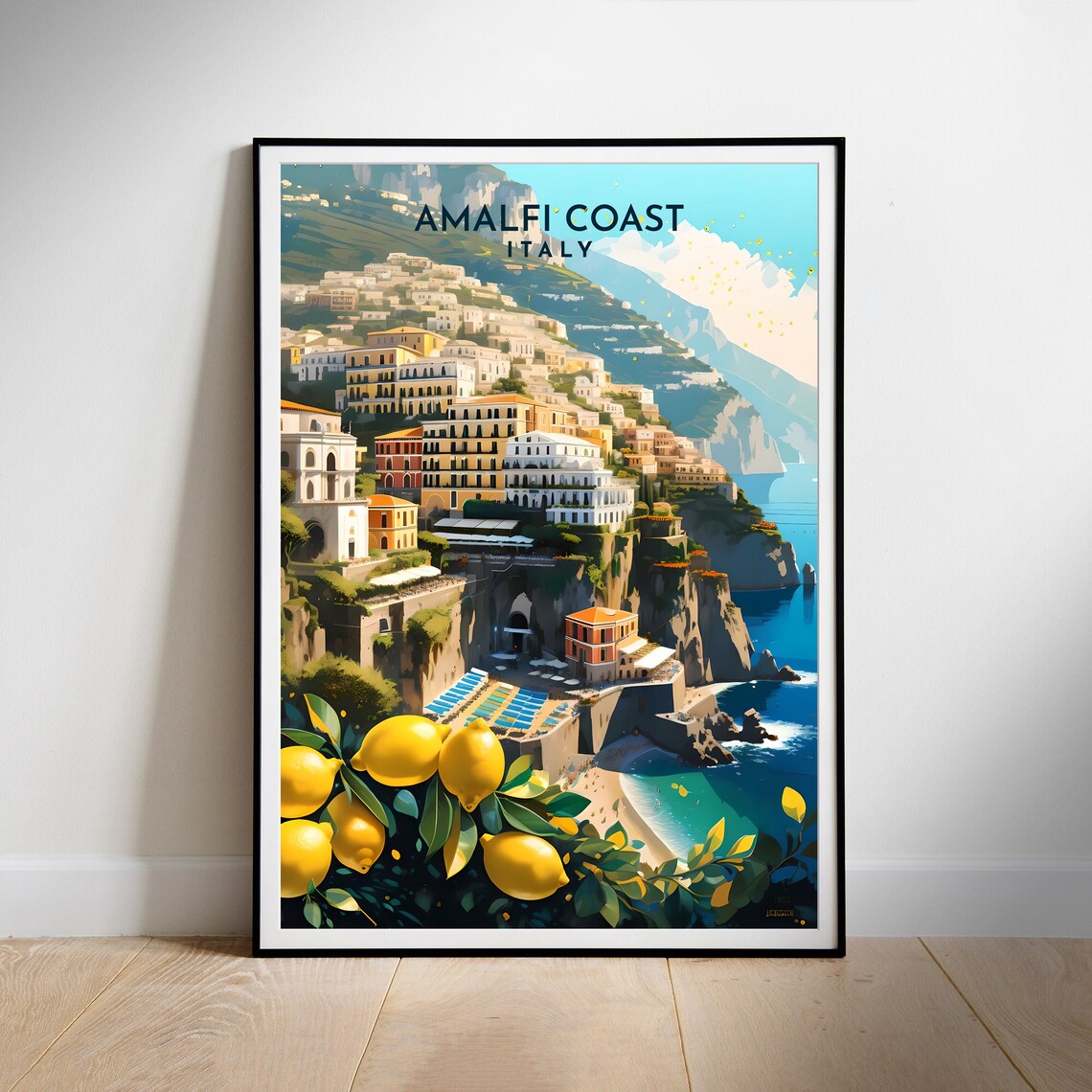 Amalfi Coast Italy Cliffside Village Lemons Illustration Poster - Image 2