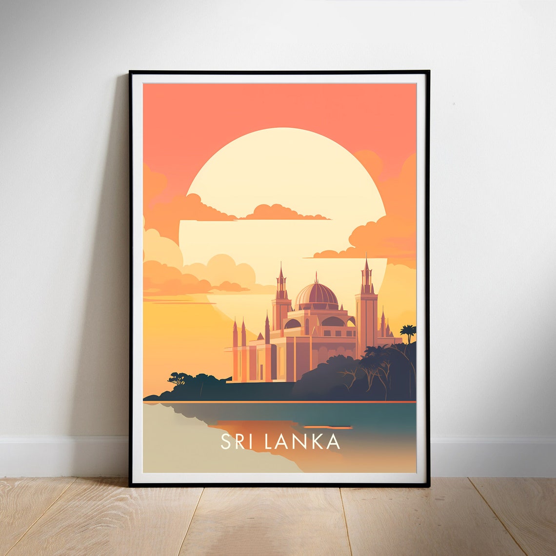 Sri Lanka Sunset Mosque Waterfront Warm Illustration Travel Poster