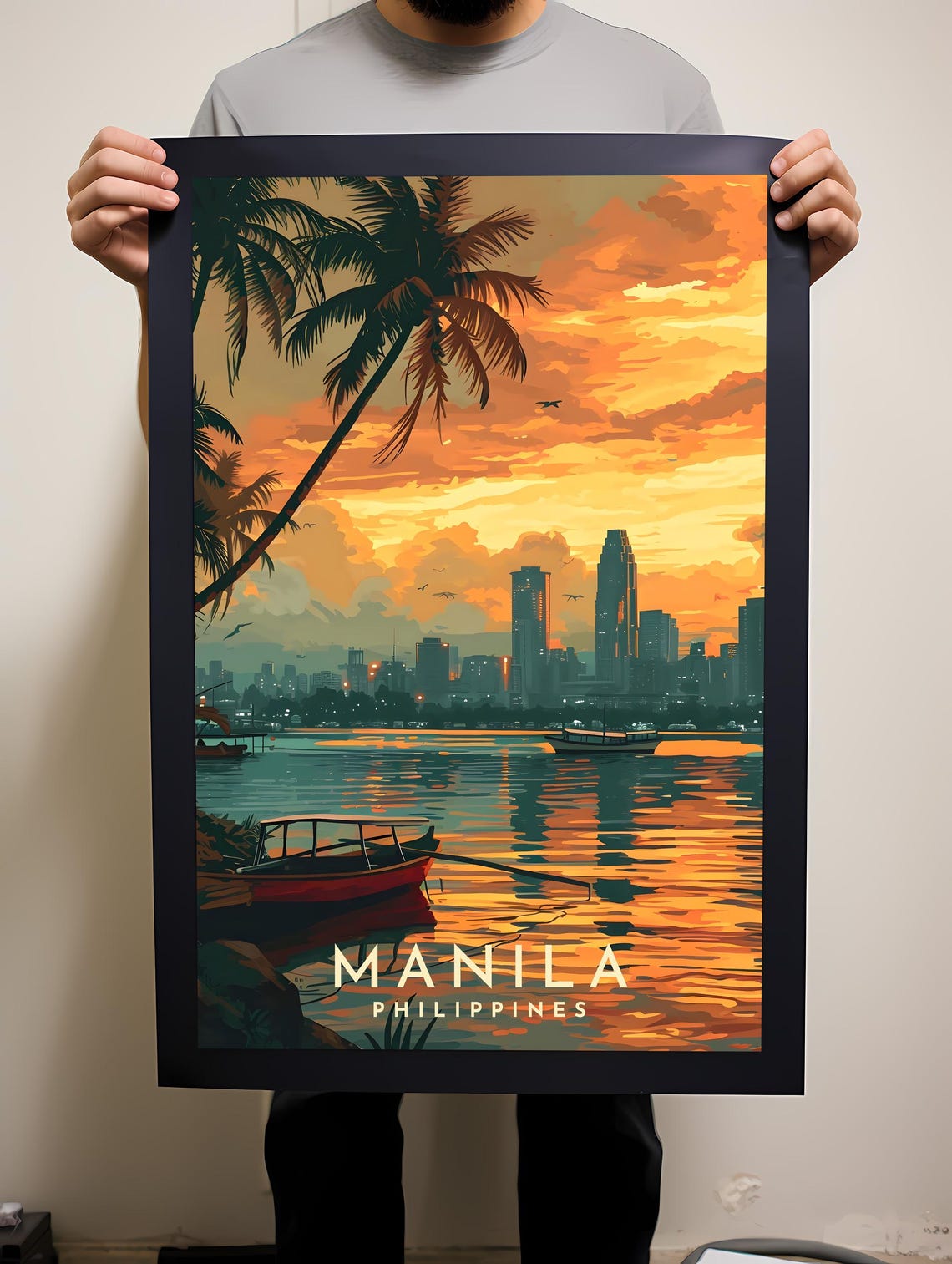 Manila Philippines Sunset Harbor Illustrated Vintage Travel Poster