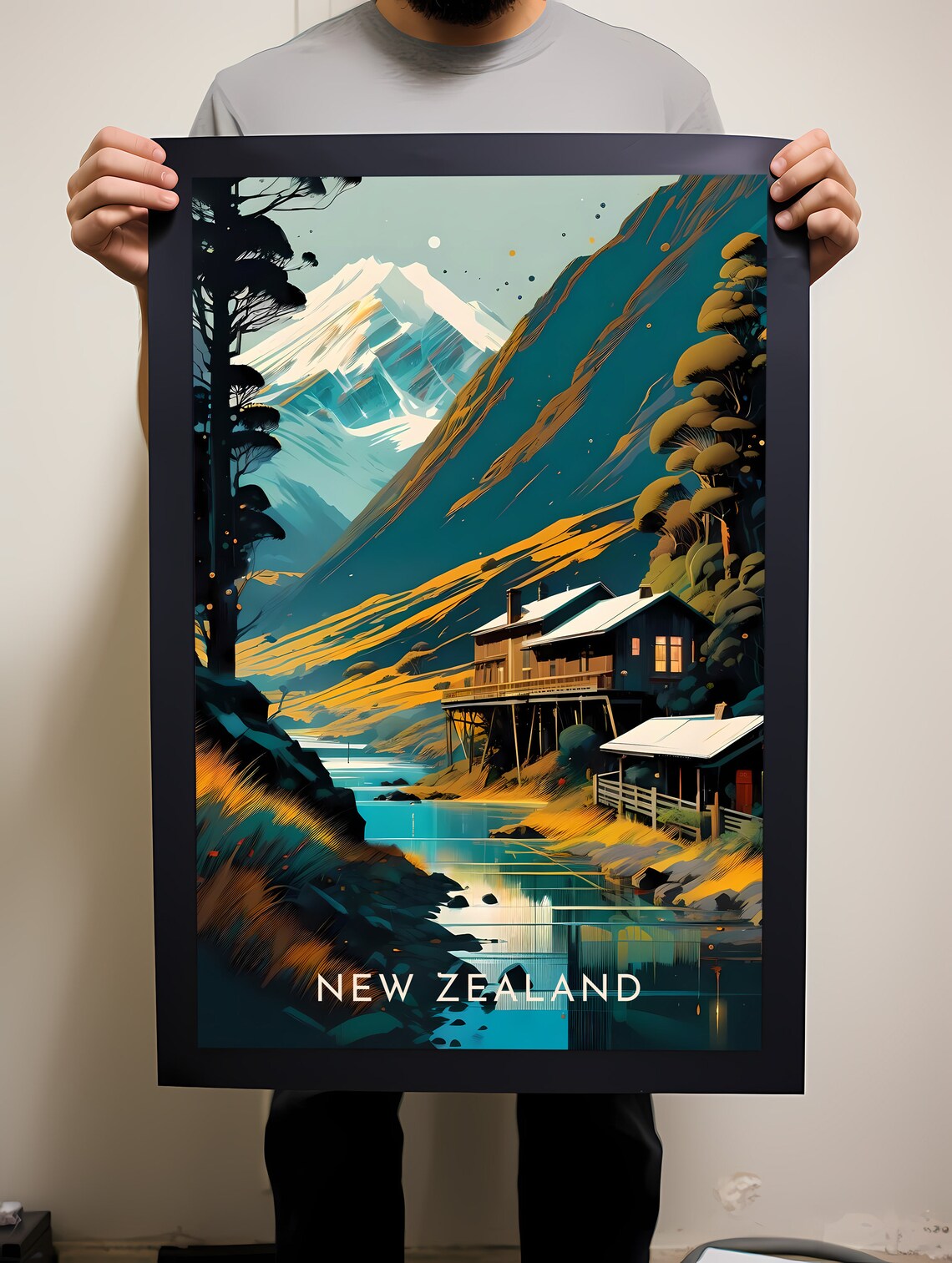 New Zealand Alpine Lake Mountain Cabin Landscape Travel Poster