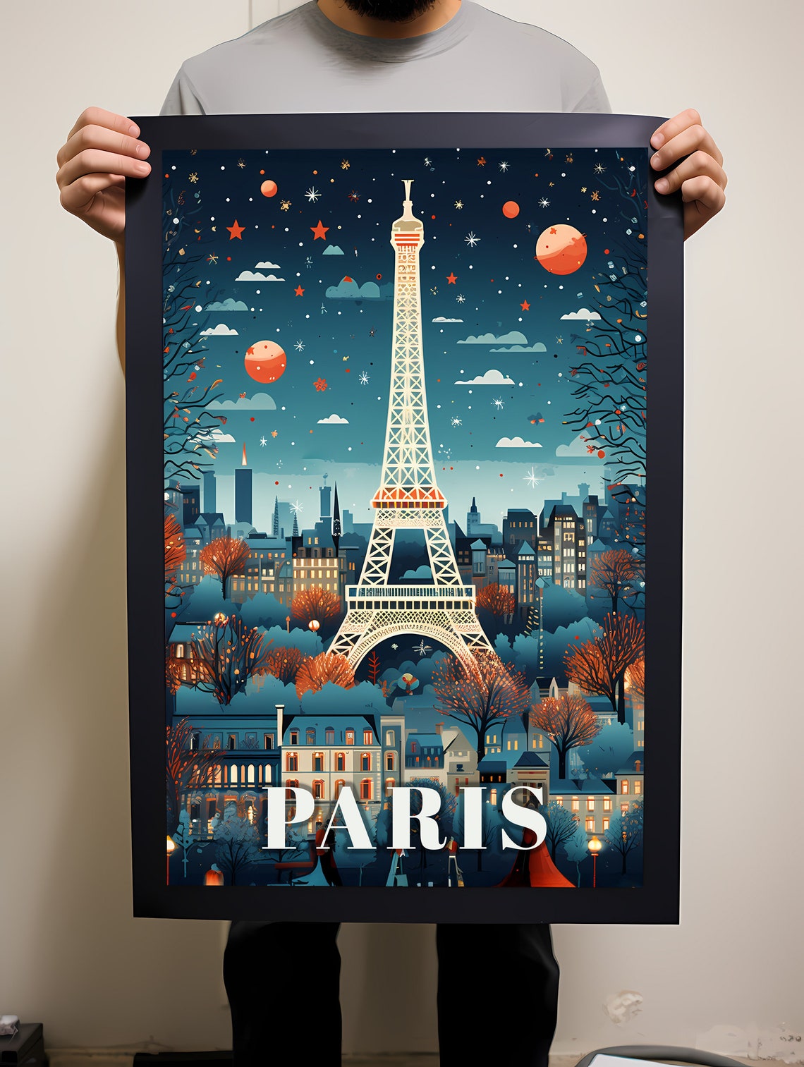 Paris Eiffel Tower Starry Night Sky Romantic Colorful Travel Poster - Image 2