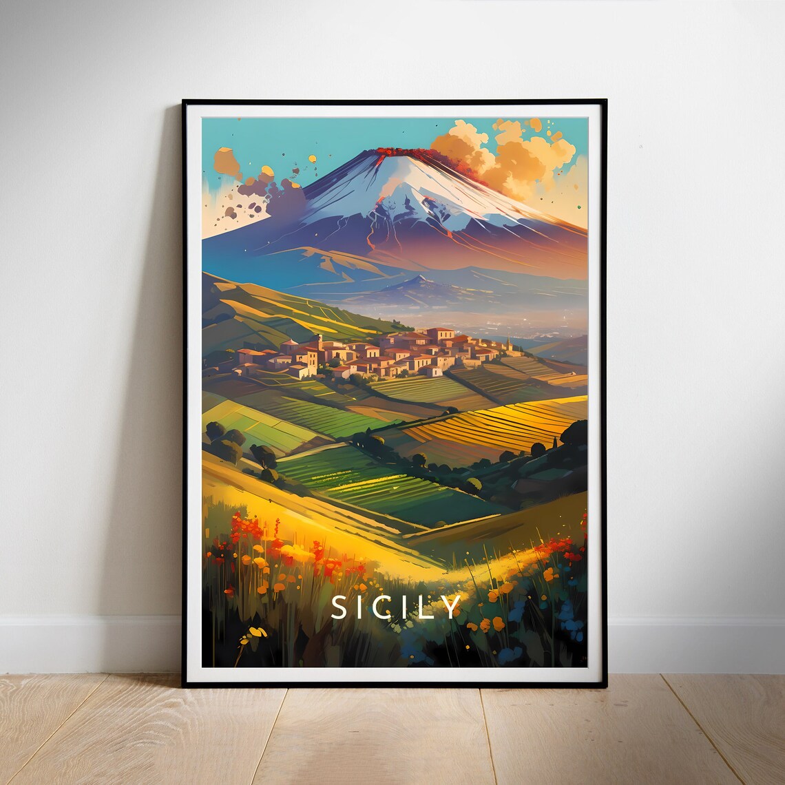 Sicily Italy Mount Etna Village Colorful Landscape Travel Poster - Image 2