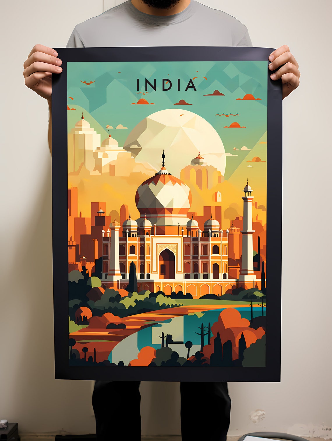 India Taj Mahal Golden Sunset Geometric Art Illustration Poster